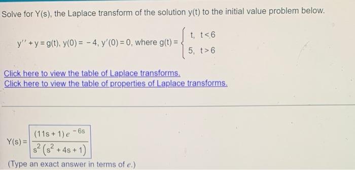 Solve For Y S The Laplace Transform Of The Solution Y T To The Initial Value Problem Below Y Y G T Y 0 4 Y 0 2