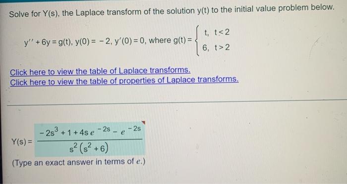 Solve For Y S The Laplace Transform Of The Solution Y T To The Initial Value Problem Below Y Y G T Y 0 4 Y 0 3