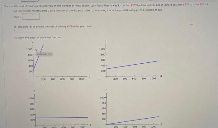 The Monthly Cost Of Driving A Car Depends On The Number Of Miles Driven Lynn Found That In May It Cost Her 385 To Driv 1