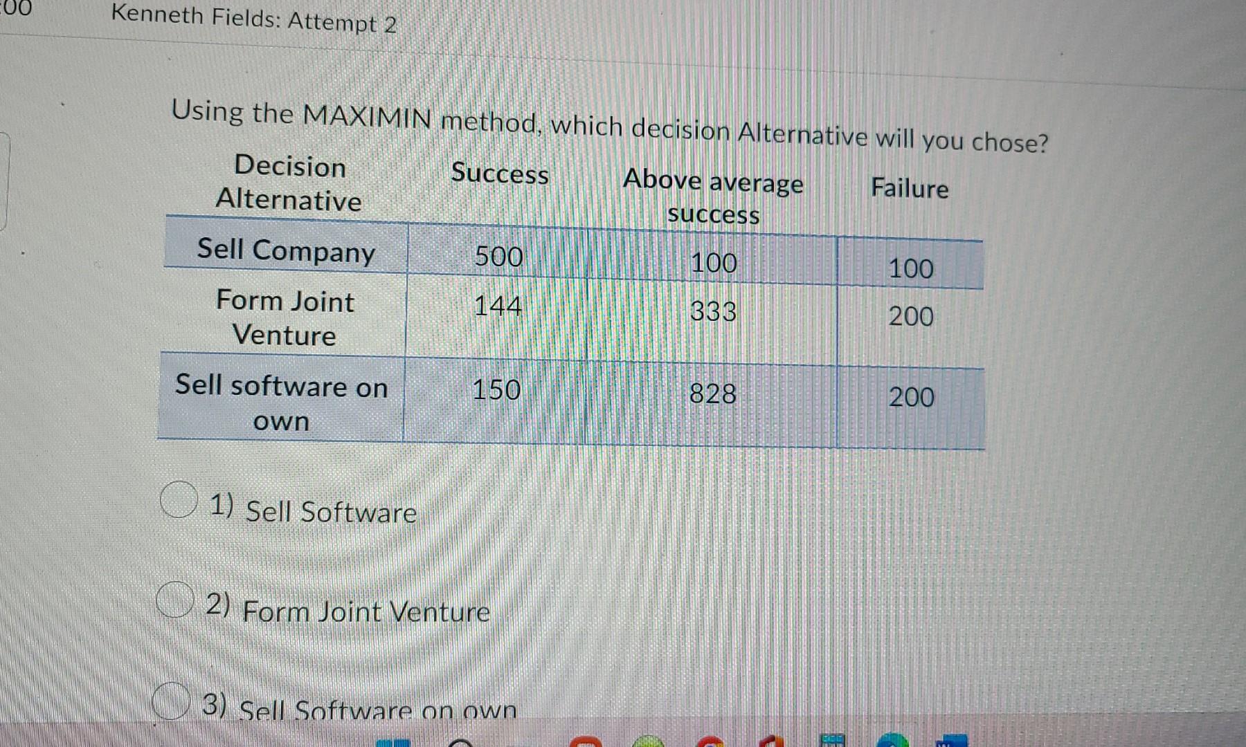 Kenneth Fields Attempt 2 Using The Maximin Method Which Decision Alternative Will You Chose Success Above Average Fai 1
