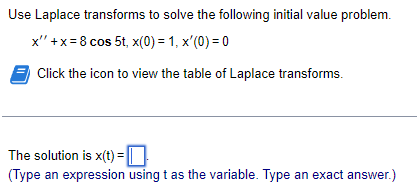 Use Laplace Transforms To Solve The Following Initial Value Problem X X 8 Cos 5t X 0 1 X 0 0 Click The Icon 1