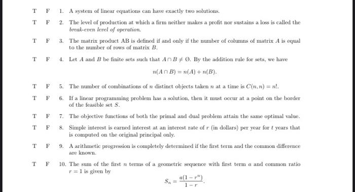 T F Tf T F T F T T T T F F F F T F T F 1 A System Of Linear Equations Can Have Exactly Two Solutions 2 The Level Of P 1