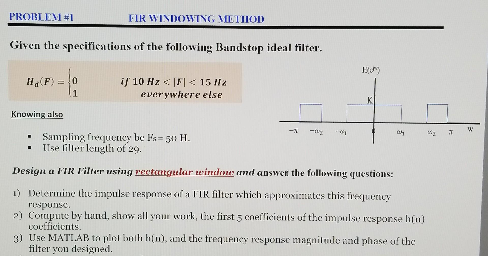 Problem 1 Fir Windowing Method Given The Specifications Of The Following Bandstop Ideal Filter Hej Hd F 0 1 If 10 1