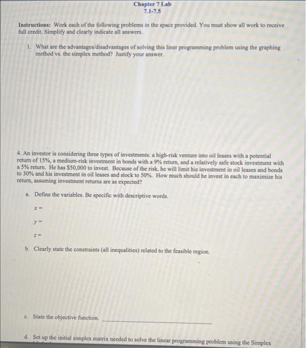 Instructions Work Each Of The Following Problems In The Space Provided You Must Show All Work To Receive Full Credit 1
