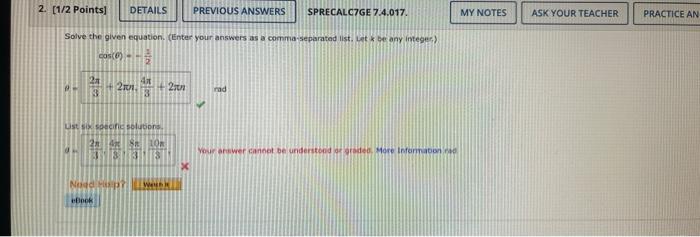 2 1 2 Points Previous Answers Sprecalc7ge 7 4 017 Solve The Given Equation Enter Your Answers As A Comma Separated 1