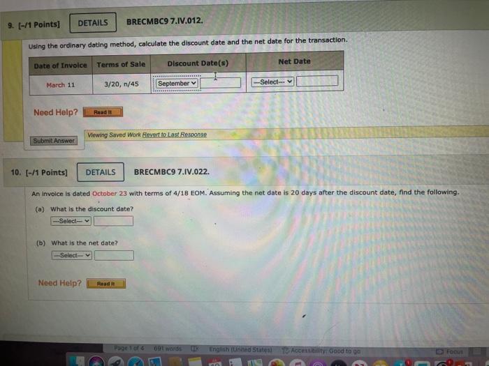 9 1 Points Brecmbc9 7 Iv 012 Using The Ordinary Dating Method Calculate The Discount Date And The Net Date For Th 1