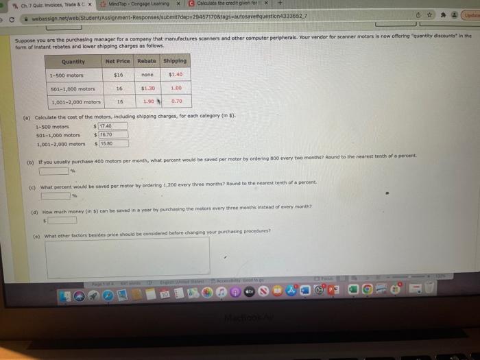 Ch 7 Quiz Invoices Trade C X 501 1 000 Motors X Mindtapcengage Learning C Webassign Net Web Student Assignment Respo 1