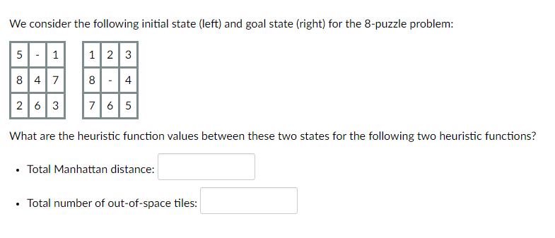 We Consider The Following Initial State Left And Goal State Right For The 8 Puzzle Problem 5 1 8 47 2 6 3 1 2 3 8 1