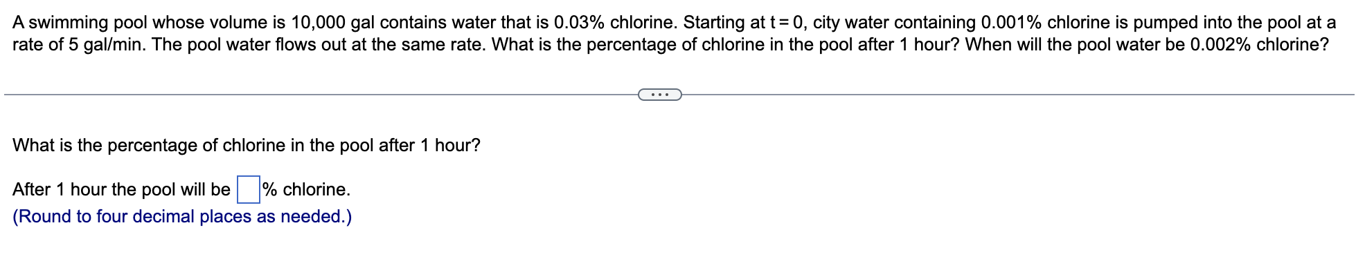 A Swimming Pool Whose Volume Is 10 000 Gal Contains Water That Is 0 03 Chlorine Starting At T 0 City Water Containi 1