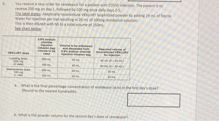 4 You Receive A New Order For Remdesivir For A Patient With Covid Infection The Patient Is To Receive 200 Mg On Day 1 1