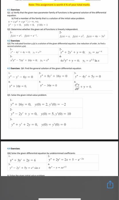 Note This Assignment Is Worth 4 Of Your Total Marks 4 1 Exercises Q1 A Verify That The Given Two Parameter Family Of 2