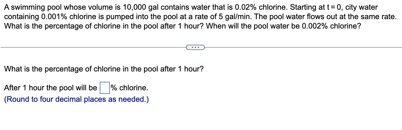 A Swimming Pool Whose Volume Is 10 000 Gal Contains Water That Is 0 02 Chlorine Starting At T 0 City Water Containin 1