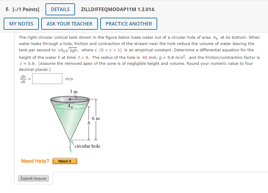 5 1 Points My Notes Dh Dt Ask Your Teacher Practice Another The Right Circular Conical Tank Shown In The Figure Bel 1