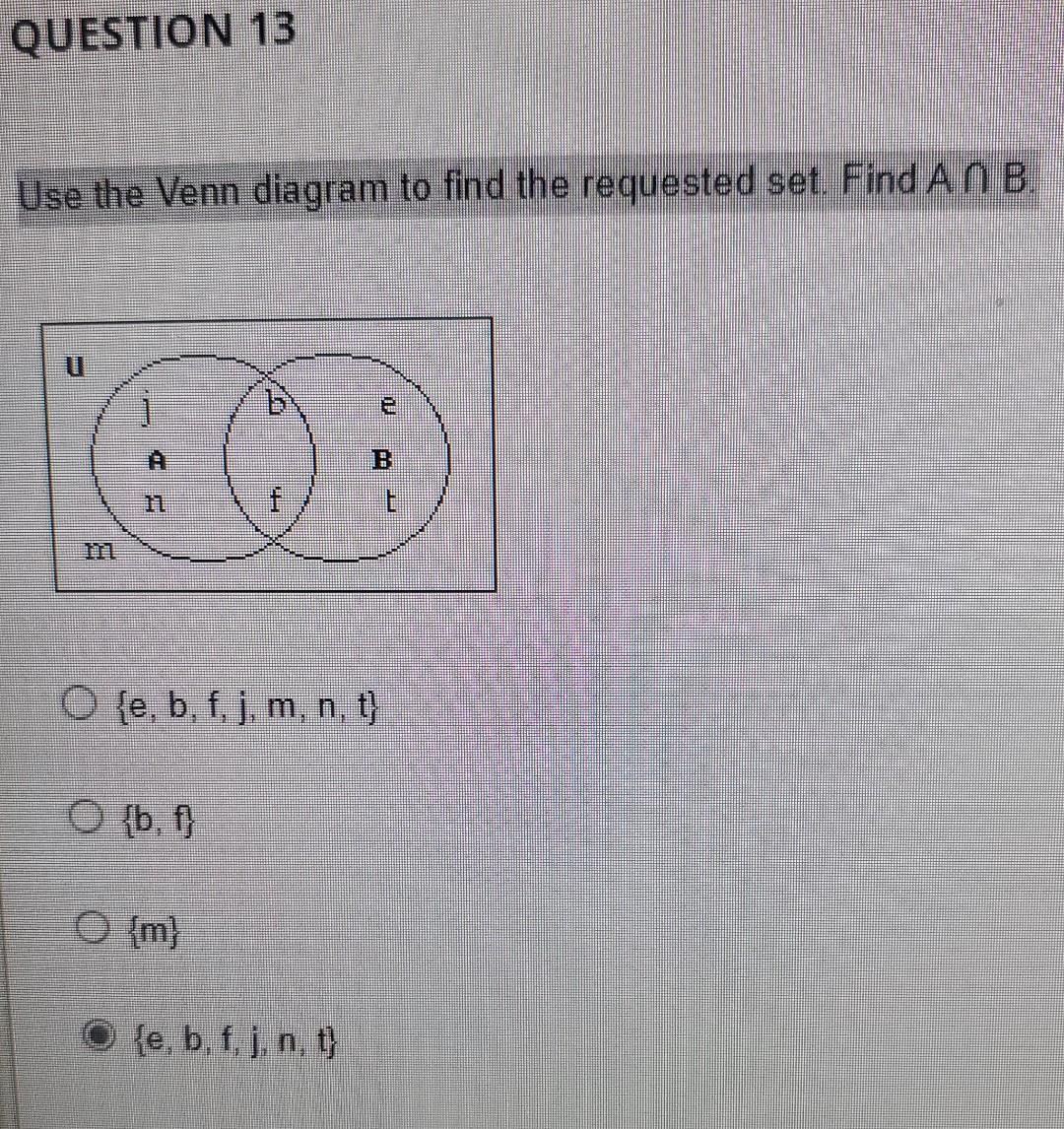 Question 13 Use The Venn Diagram To Find The Requested Set Find An B E B F J M N T O B F F M Ofe B F J 1