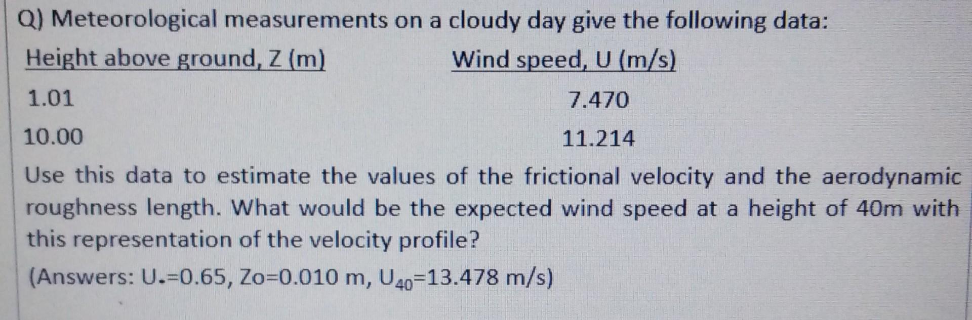 Q Meteorological Measurements On A Cloudy Day Give The Following Data Height Above Ground Z M Wind Speed U M S 1 1