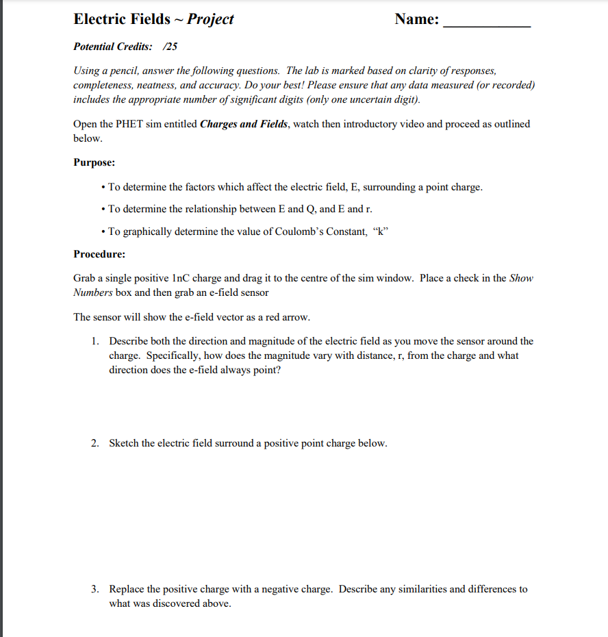 Electric Fields Project Potential Credits 25 Using A Pencil Answer The Following Questions The Lab Is Marked Based 1