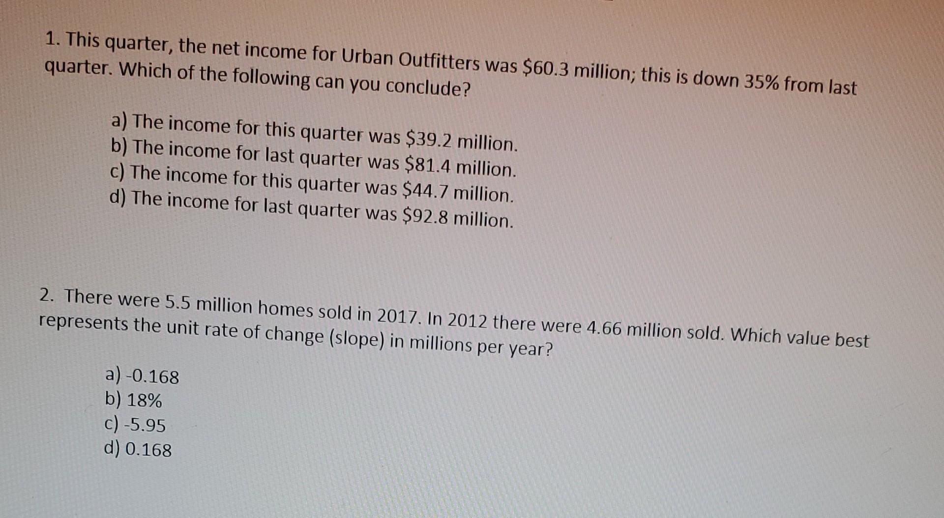 1 This Quarter The Net Income For Urban Outfitters Was 60 3 Million This Is Down 35 From Last Quarter Which Of The 1