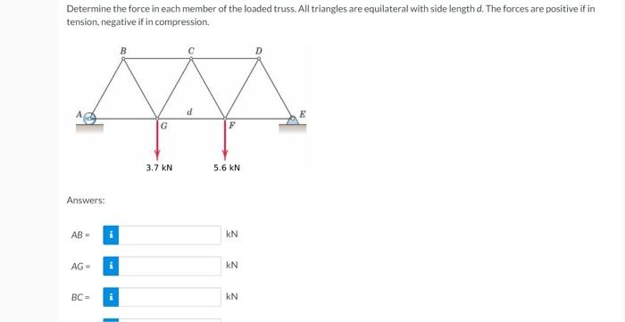 Determine The Force In Each Member Of The Loaded Truss All Triangles Are Equilateral With Side Length D The Forces Are 1