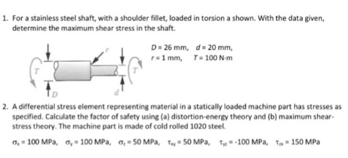 1 For A Stainless Steel Shaft With A Shoulder Fillet Loaded In Torsion A Shown With The Data Given Determine The Ma 2