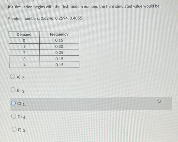 If A Simulation Begins With The First Random Number The Third Simulated Value Would Be Random Numbers 0 6246 0 2594 1
