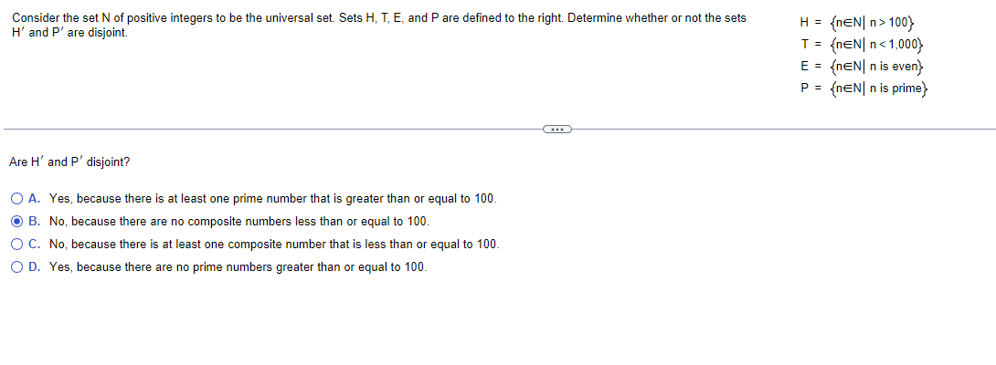 Consider The Set N Of Positive Integers To Be The Universal Set Sets H T E And P Are Defined To The Right Determine 1