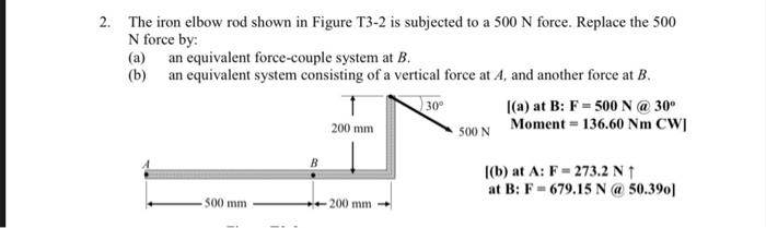 2 The Iron Elbow Rod Shown In Figure T3 2 Is Subjected To A 500 N Force Replace The 500 N Force By A An Equivalent 2