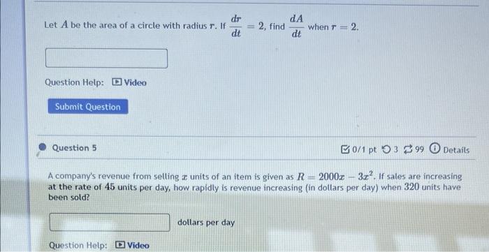 Let Zy 3 And Dz Dt Find Dy 5 Dt When 3 Question 3 Question Help Video Submit Question 0 1 Pt 397 Question Help 2