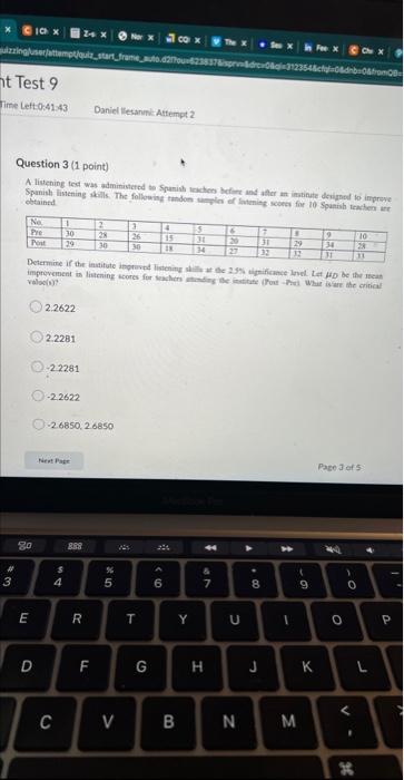 Nt Test 9 Time Left 0 41 43 Uzzing User Attempt Quiz Start Frame Auto 42 6238376sprvdc 3 No Pre Post 80 E Question 3 1 1