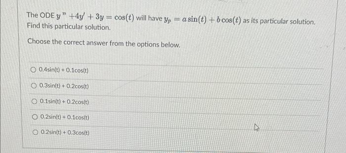 The Ode Y 4y 3y Cos T Will Have Y A Sin T Bcos T As Its Particular Solution Find This Particular Solution 1