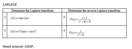 Laplace 1 N Determine The Laplace Transform F T Sint Cost F 1 Sint Cost Need Answer Asap 3 4 Determine The In 1