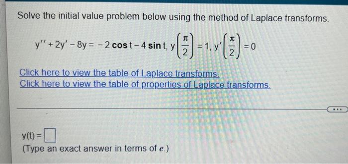 Solve The Initial Value Problem Below Using The Method Of Laplace Transforms 1 0 2 Ju Y 2y 8y 2 Cost 4 Sin 1