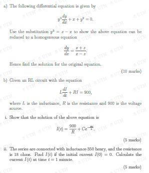 A The Following Differential Equation Is Given Use The Substitution To Show The Above Equation Can Be Reduced To A Ho 1