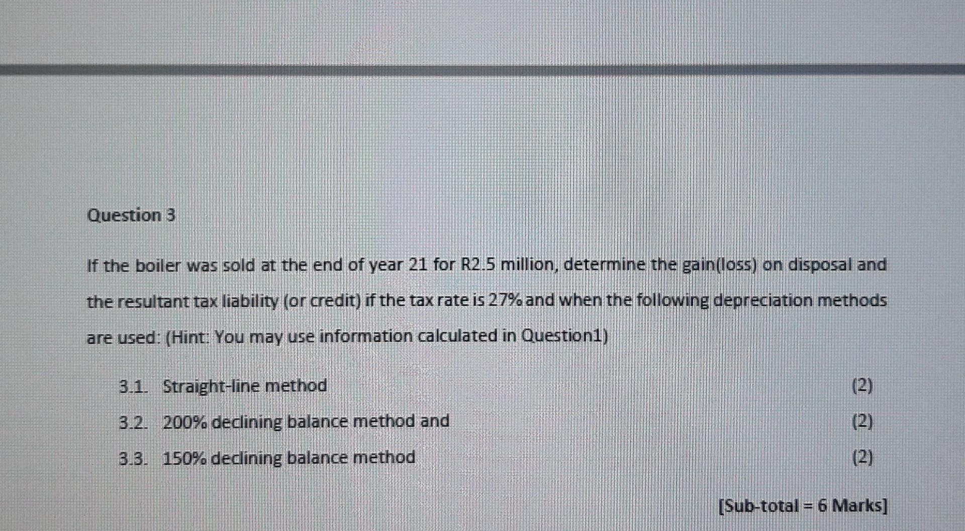 Question 3 If The Boiler Was Sold At The End Of Year 21 For R2 5 Million Determine The Gain Loss On Disposal And The R 1