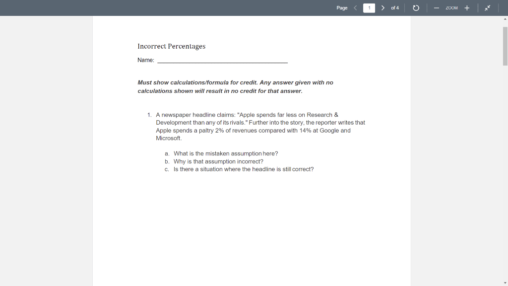 Incorrect Percentages Name Must Show Calculations Formula For Credit Any Answer Given With No Calculations Shown Will 1