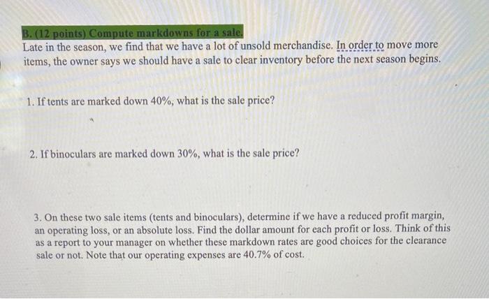 Note That Our Operating Expenses Are 40 7 Of Cost 10 Points Use A Markup Rate To Compute Selling Prices Use The 63 5 3