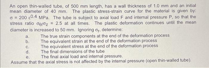 An Open Thin Walled Tube Of 500 Mm Length Has A Wall Thickness Of 1 0 Mm And An Initial Mean Diameter Of 40 Mm The Pl 1