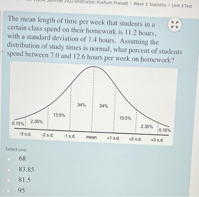 The Mean Length Of Time Per Week That Students In A Certain Class Spend On Their Homework Is 11 2 Hours With A Standard 1