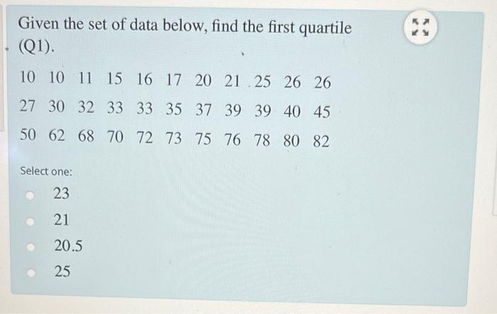 Given The Set Of Data Below Find The First Quartile Q1 10 10 11 15 16 17 20 21 25 26 26 27 30 32 33 33 35 37 39 39 4 1