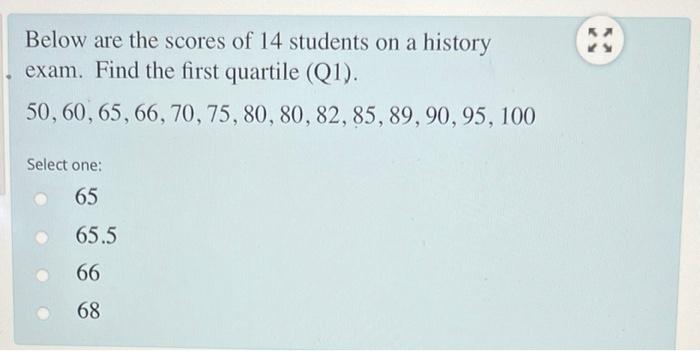 Below Are The Scores Of 14 Students On A History Exam Find The First Quartile Q1 50 60 65 66 70 75 80 80 82 1
