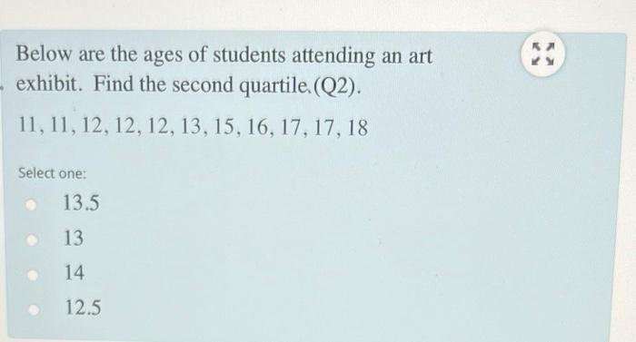 Below Are The Ages Of Students Attending An Art Exhibit Find The Second Quartile Q2 11 11 12 12 12 13 15 1 1