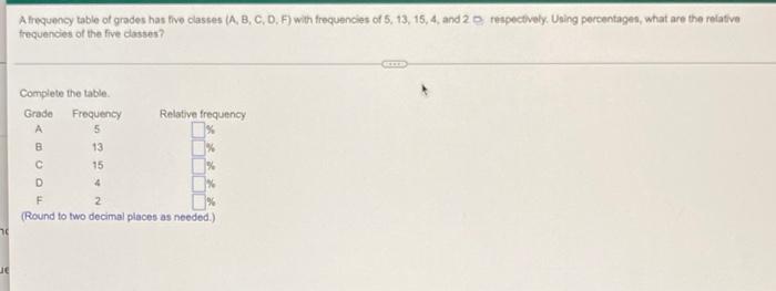 70 Je A Frequency Table Of Grades Has Five Classes A B C D F With Frequencies Of 5 13 15 4 And 2 Respectively 1