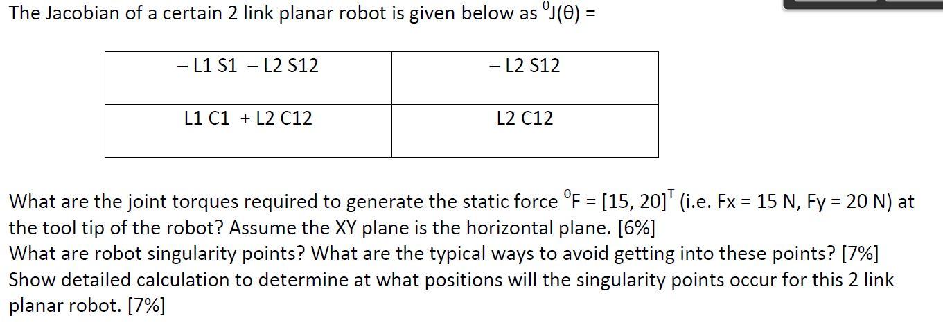The Jacobian Of A Certain 2 Link Planar Robot Is Given Below As J 0 L1 S1 L2 S12 L2 S12 L1 C1 L2 C12 L2 C12 1