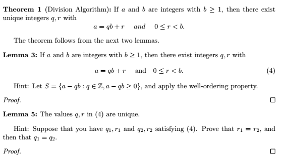 Theorem 1 Division Algorithm If A And B Are Integers With B 1 Then There Exist Unique Integers Q R With A Qb R A 1