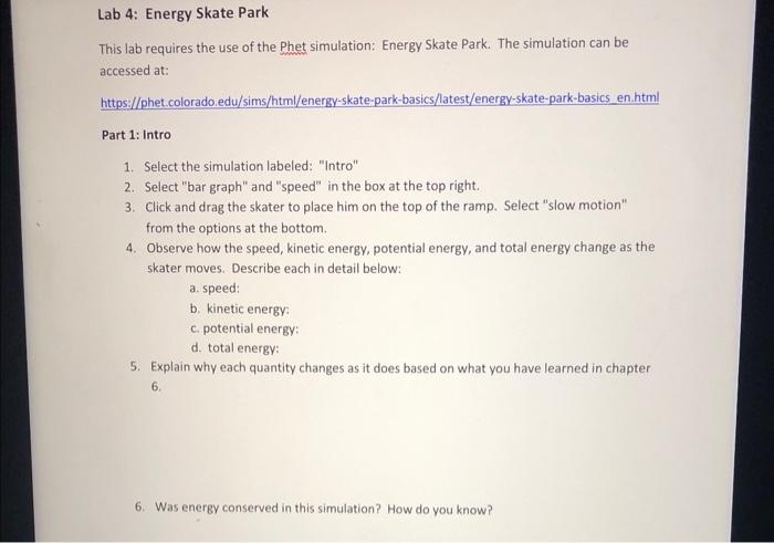 Lab 4 Energy Skate Park This Lab Requires The Use Of The Phet Simulation Energy Skate Park The Simulation Can Be Acce 1
