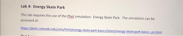 Lab 4 Energy Skate Park This Lab Requires The Use Of The Phet Simulation Energy Skate Park The Simulation Can Be Acce 1