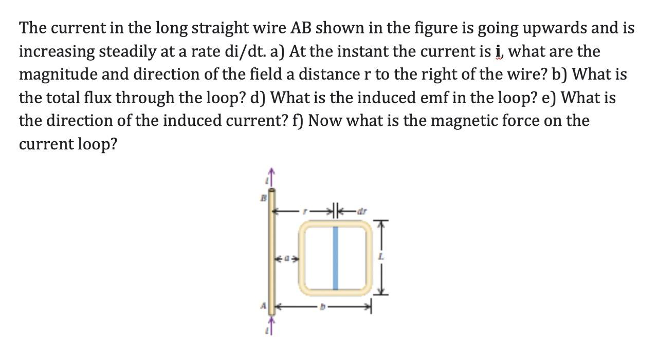 The Current In The Long Straight Wire Ab Shown In The Figure Is Going Upwards And Is Increasing Steadily At A Rate Di Dt 1