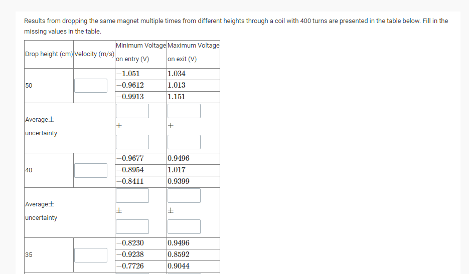 Results From Dropping The Same Magnet Multiple Times From Different Heights Through A Coil With 400 Turns Are Presented 1