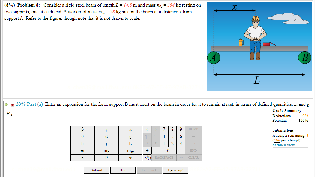 8 Problem 8 Consider A Rigid Steel Beam Of Length L 14 5 M And Mass M 394 Kg Resting On Two Supports One At Eac 1