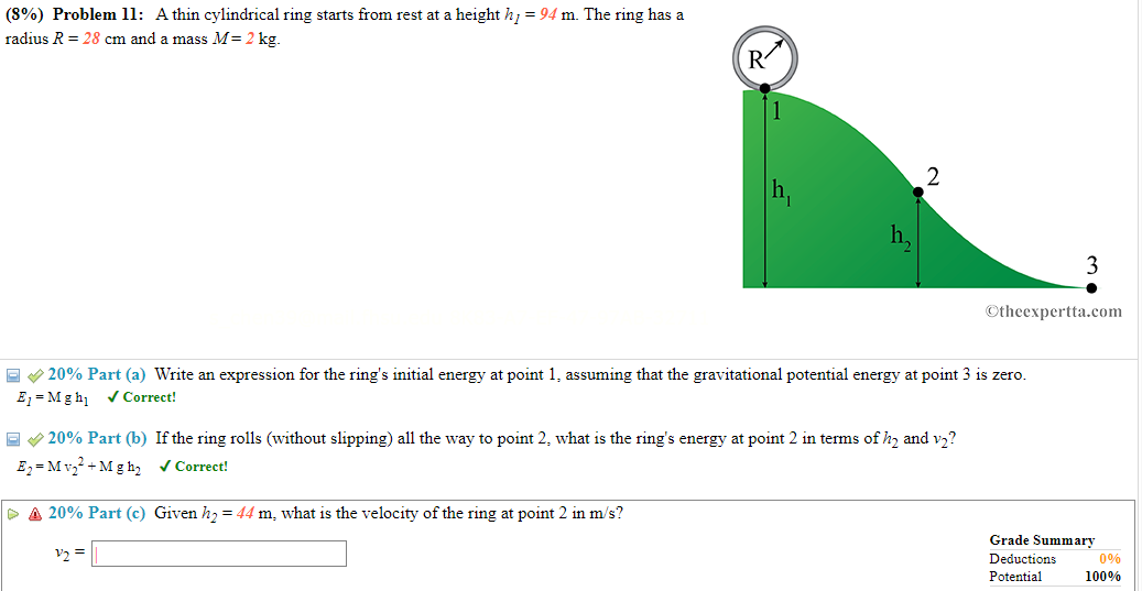 8 Problem 11 A Thin Cylindrical Ring Starts From Rest At A Height H 94 M The Ring Has A Radius R 28 Cm And A Ma 1