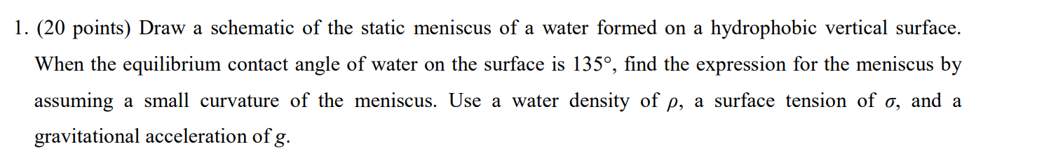2 1 20 Points Draw A Schematic Of The Static Meniscus Of A Water Formed On A Hydrophobic Vertical Surface When The E 1